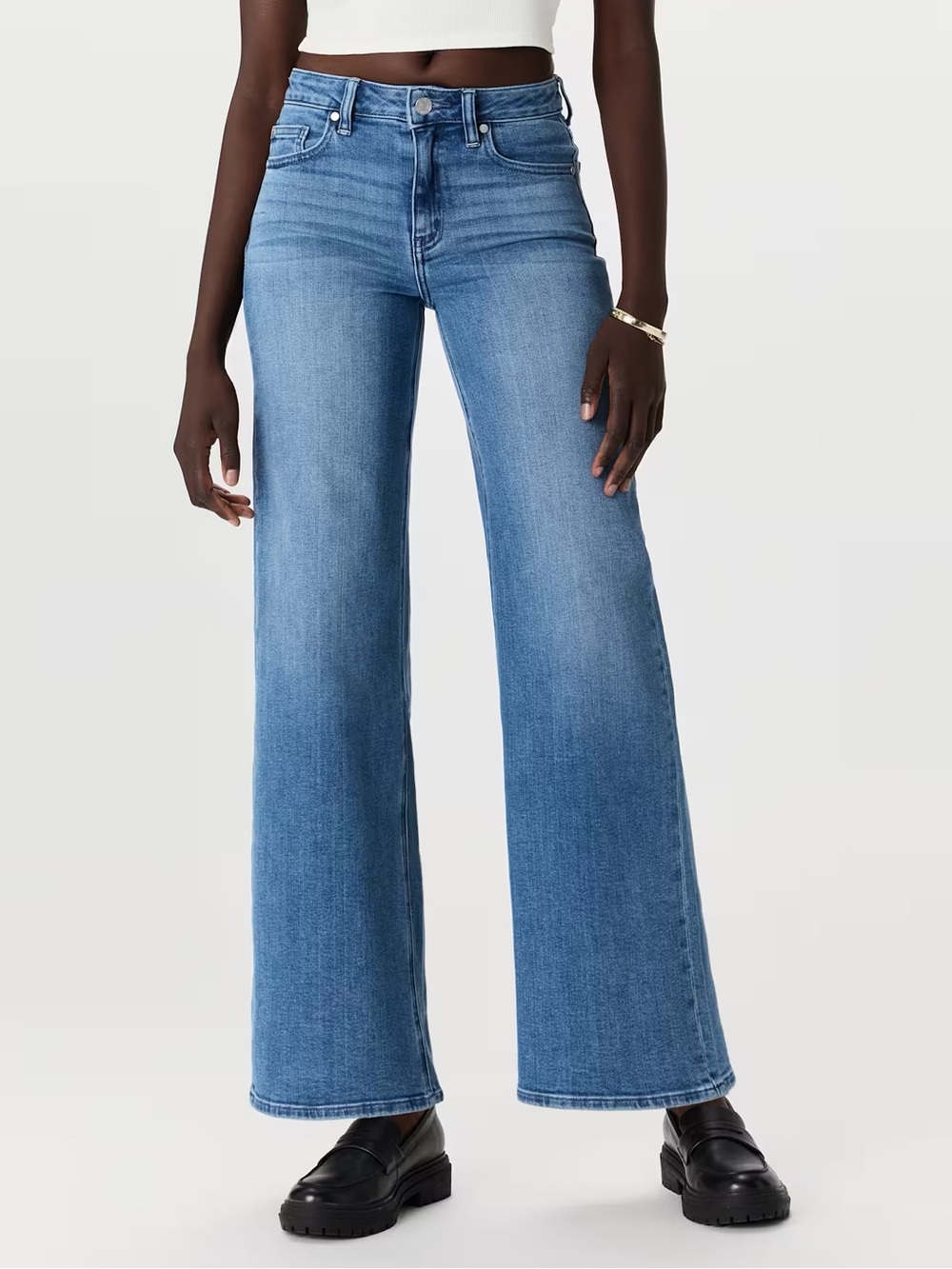 Quince Bella Stretch Wide Leg Full Length High Rise Jeans in Seaside Blue